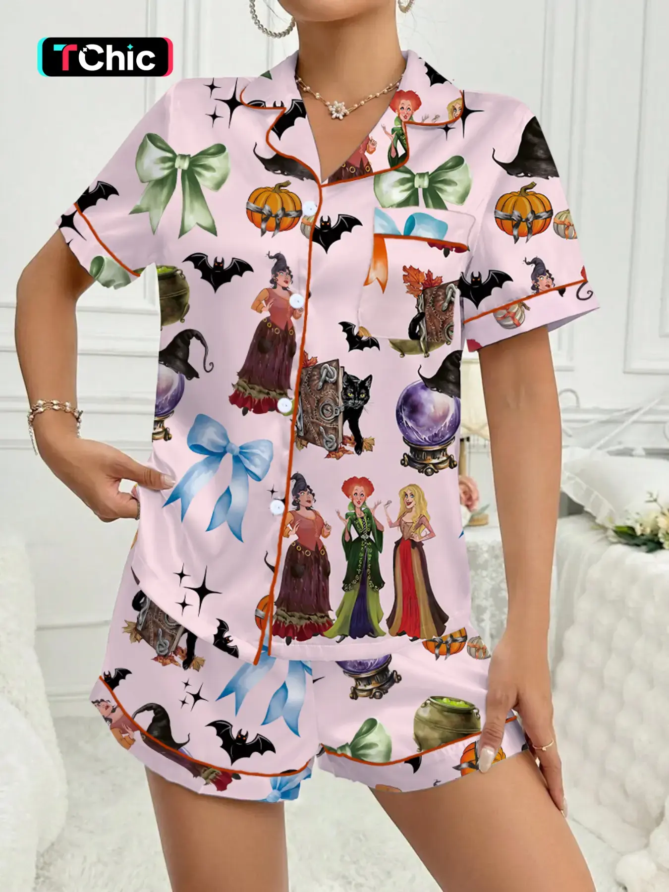 【Halloween】 Pumpkin & Bat Print Short Sleeve Pajama Set, Comfortable Sleepwear for Halloween, Perfect for Sleep and Leisure