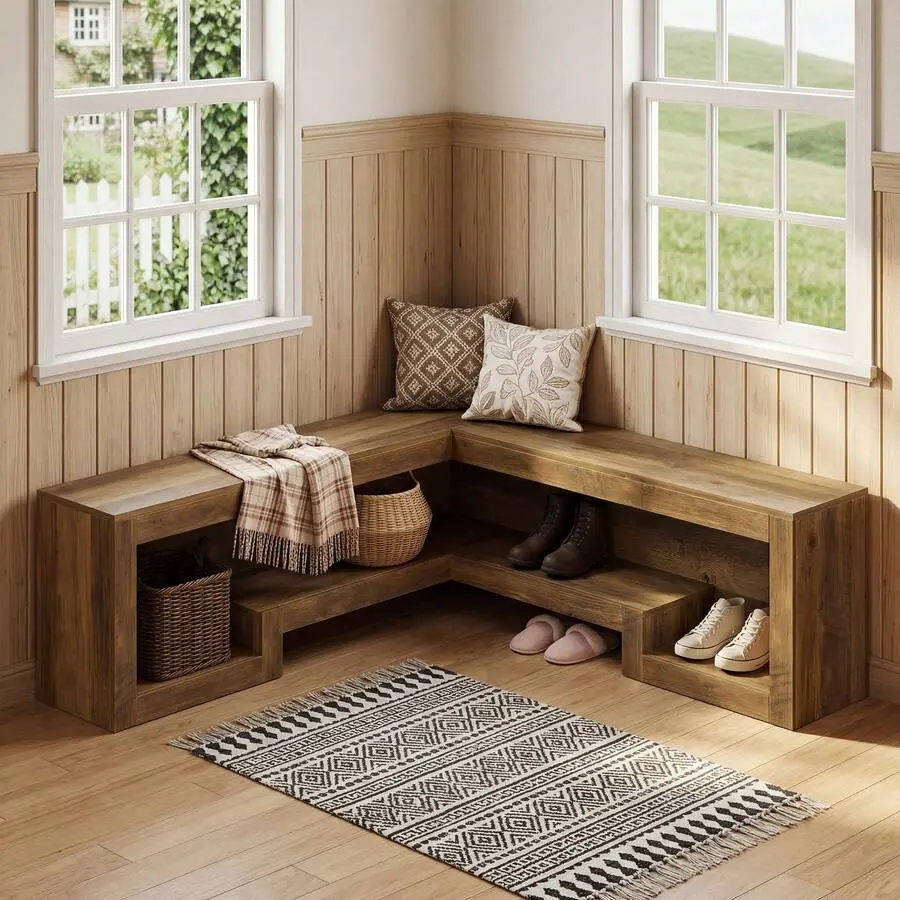 L-Shaped Bench With Storage, Wooden Corner Breakfast Nook Bench Dining Room Entryway, Cloakroom, Living Room