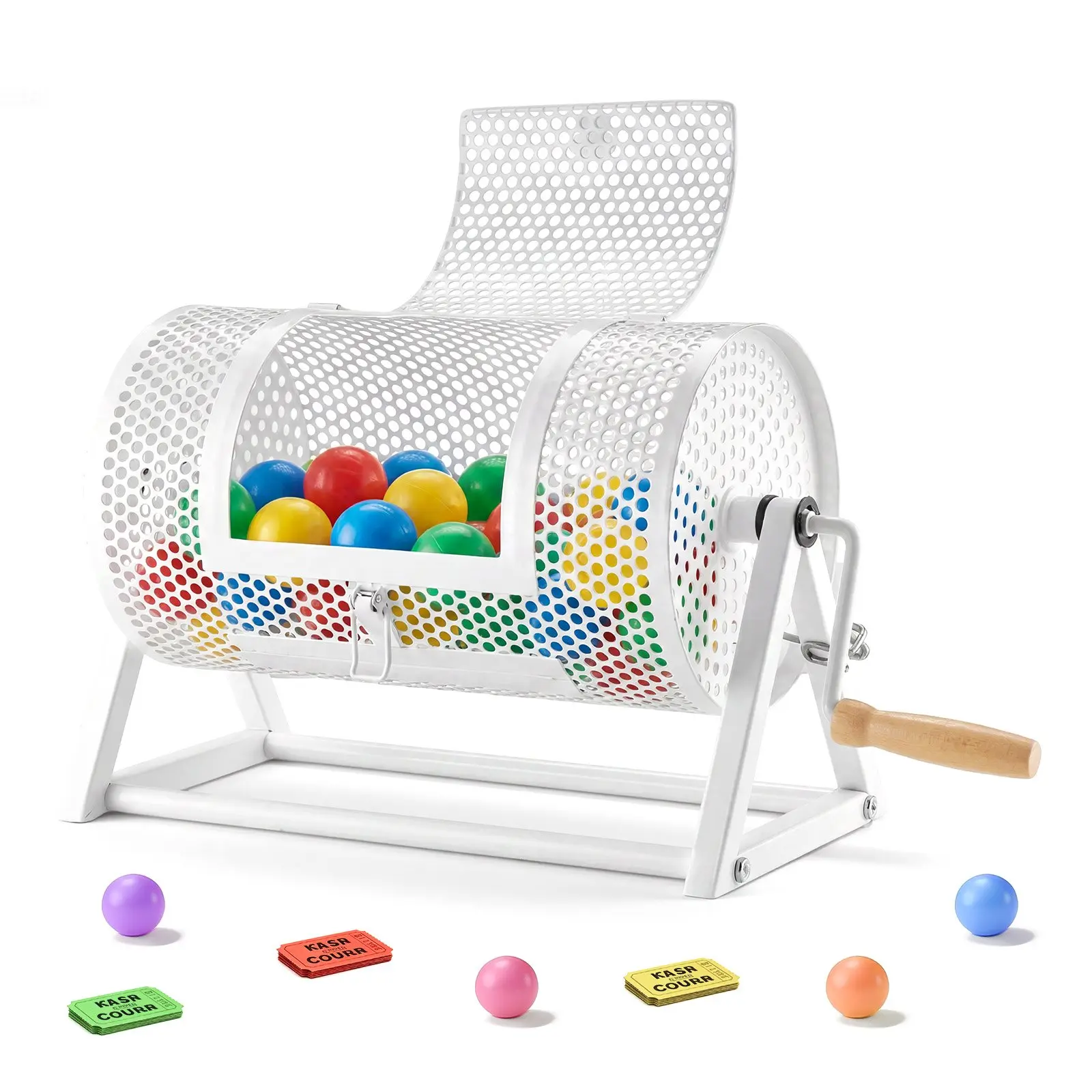 VEVOR Metal Raffle Ticket Spinner, 11.6x6.6in, Holds 2500 Tickets/100 Ping Pong Balls, 0.02in Build, 3.06lbs, Magnetically Secured Reinforced Handle, Silent Bearings, Stable Triangular Stand, for Events Gatherings, White
