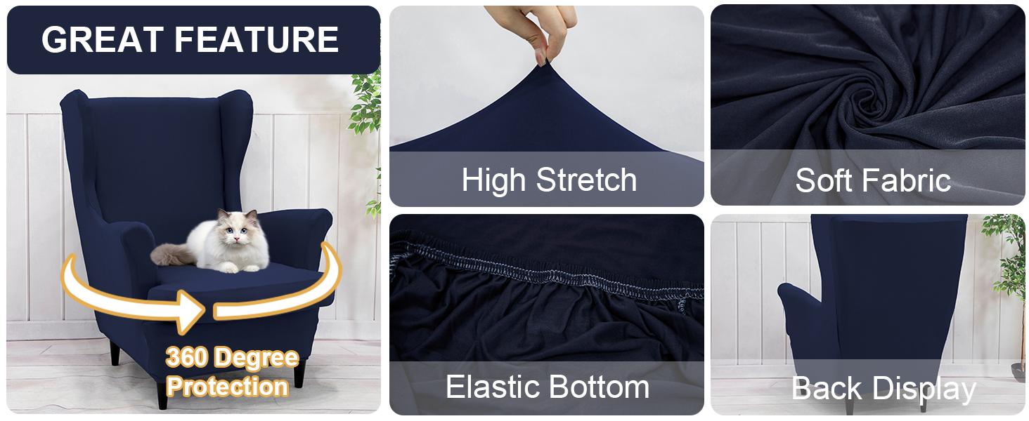 NILUOH Wingback Chair Cover 2-Piece Soft Stretch Wing Chair Slipcover Solid Color Armchair Sofa Couch Cover Furniture Protector with Elastic Bottom for Living Room Bedroom (Navy)