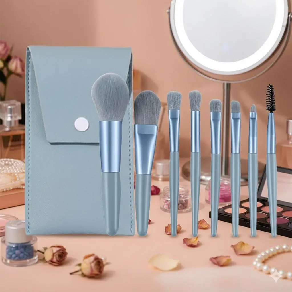 8-Piece Mini Portable Travel Makeup Brush Set, Professional Foundation Powder Eyeshadow Brushes with Synthetic Soft Bristles, Compact Foldable Case, Ergonomic Short Handle, Washable & Anti-Mildew.