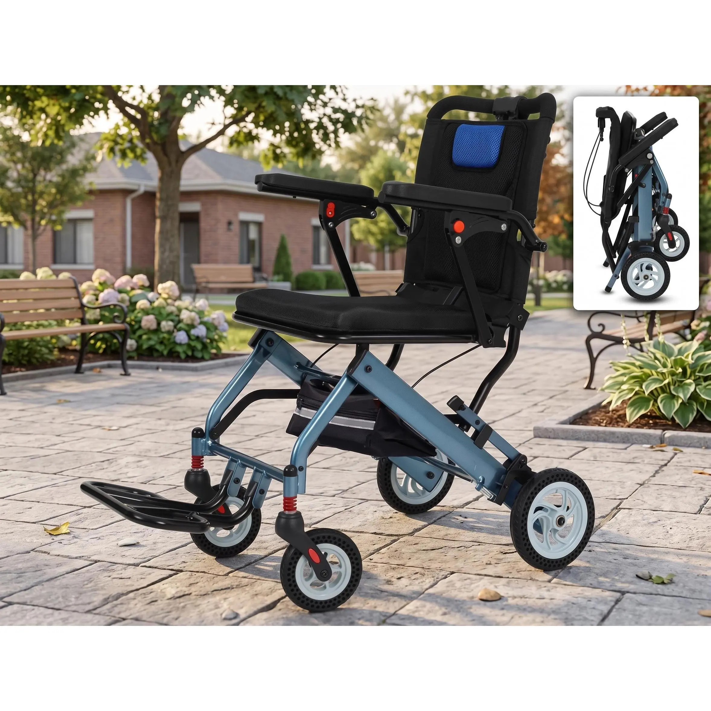 Air Travel Friendly Ultra Light Foldable Adult Transport Wheelchair with 16in Wide Seat, Aircraft Aluminum Frame, Detachable Flip Armrests, Swing-Out Footrests, 8in PVC Rear Wheels & Dual Safe Handbrakes, Comfort Daily Mobility Chair