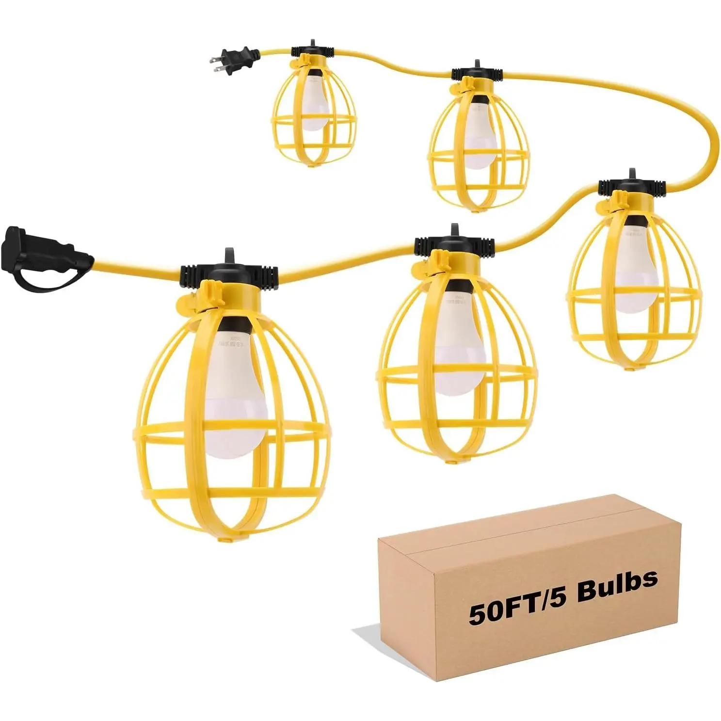 Construction String Lights, 50FT 50W 5 Bulbs Work Lights with E26 Base, IP65 Waterproof, 4000LM 6500K Indoor & Outdoor Temporary Lighting for Workshop, Mine cave, Job Site