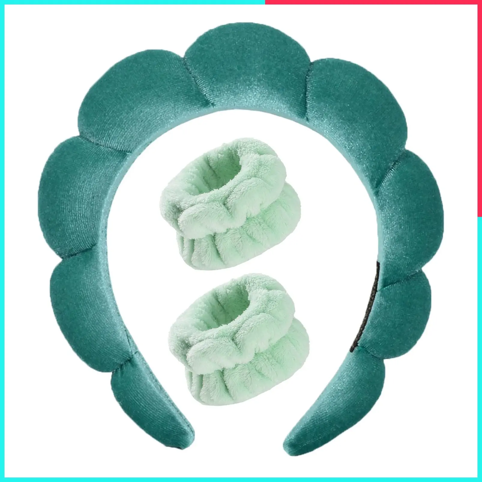 Soft Velvet Puffy Spa Headband and Wristbands for Women, Green - Keep Hair Back and Sleeves Dry, Perfect for Face Washing and Skincare