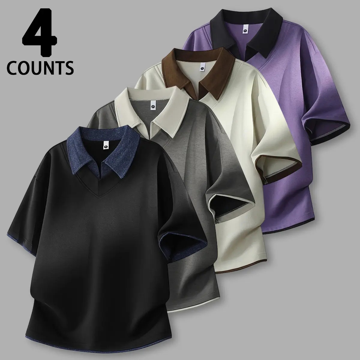 Four piece men's contrasting V-neck short sleeved polo shirt, made of breathable and soft fabric, with a loose cut short sleeved top, suitable for work, shopping, and outdoor travel.