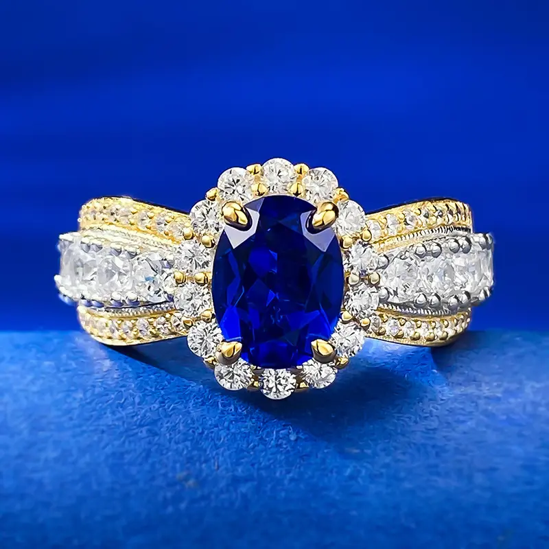 S925 Sterling Silver Finger Ring for Women, French Filigree Lace 6x8mm Oval Cut Simulated Sapphire Band, Romantic Vintage Elegant Jewelry Gift for Date Wedding Anniversary Daily Wear