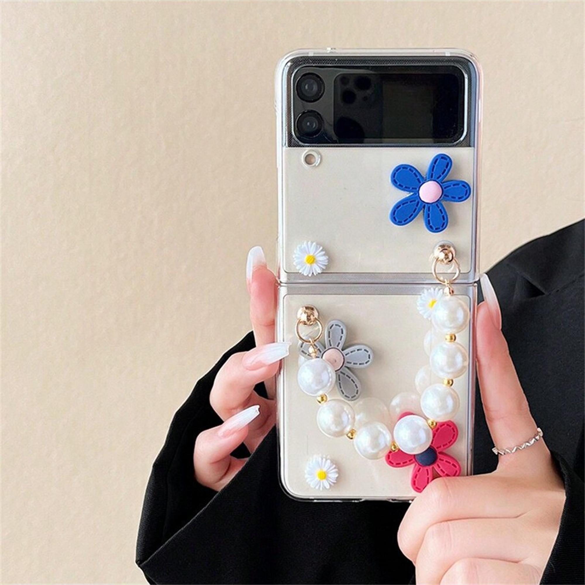 Cute Flower Design Phone Case with Pearl Chain, Fashion Phone Protective Cover, Phone Accessories Compatible with Samsung Galaxy Z Flip 3 4 5 6