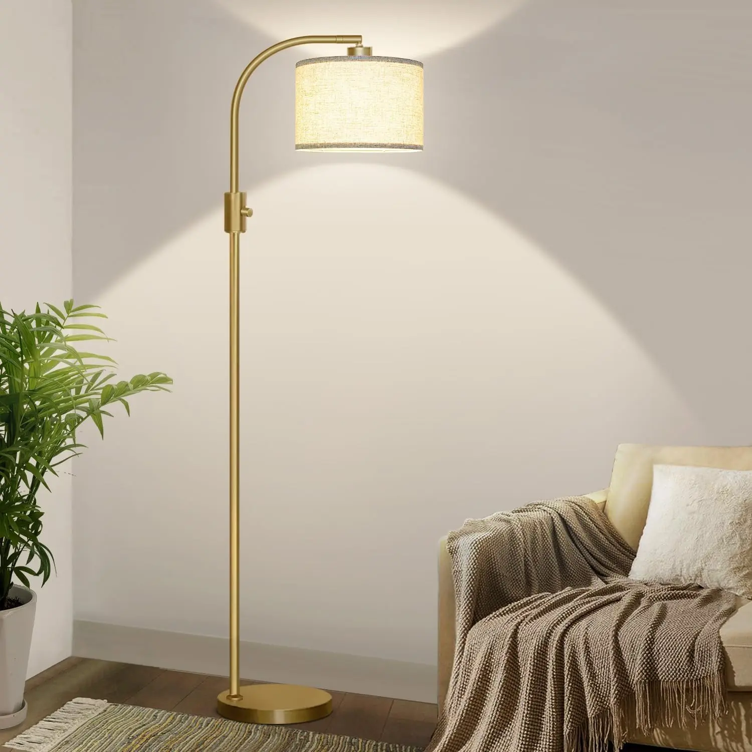Upgraded Modern Arc Dimmable Tall Standing Floor Lamp with Linen Shade, 1200 Lumens LED Bulb Included, for Living & Reading Room, Bedroom, Office & Nursery, Gold