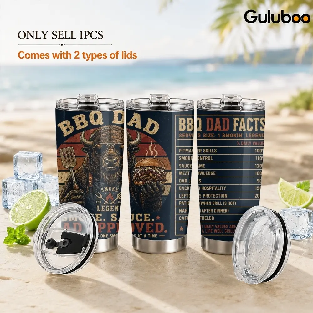 BBQ Dad Design Vacuum Flasks 20oz Insulated Coffee Cup with 2 Lids & Straw, Leak-Proof Stainless Steel Travel Mug, Keeps Hot Cold, Portable Tumbler for Daily Use Gym Office