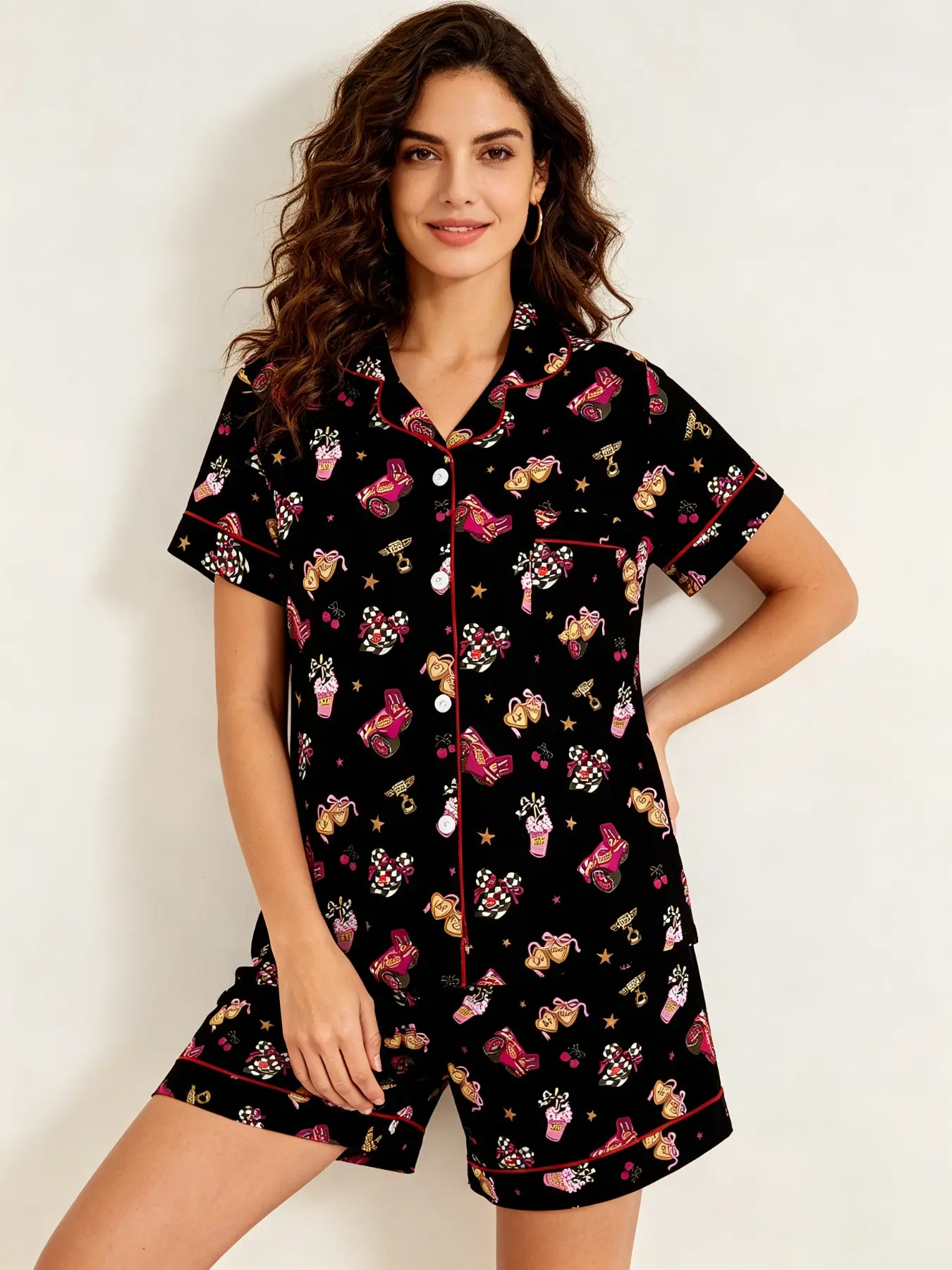 Retro Car Print Women's Pajama Set, Lapel Short Sleeve Shorts Open Front Lightweight Summer Two-Piece Home Wear Loungewear, Cute Car Trophy Heart Star Pattern