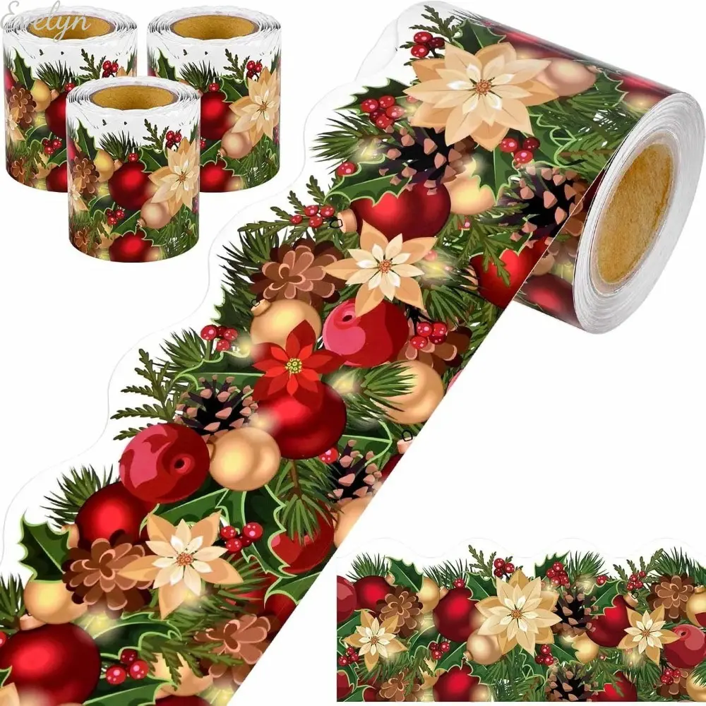 Self-Adhesive MDF-Steel Christmas Bulletin Board Border Sticker - Winter Holiday Decor Trim with Xmas Balls, Poinsettias, Pine Cones for Classroom Wall, Sports & Outdoor Fan Shop Gaming Themed Accents