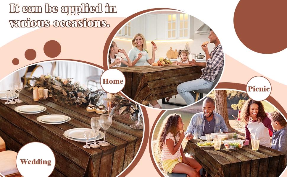 3 Pcs Brown Wood Grain Tablecloths Rustic Plastic Table Covers for Rectangle Table, Vintage Farmhouse Tablecloth Decorations for Western Barn Birthday Wedding (54 x 108 Inches)