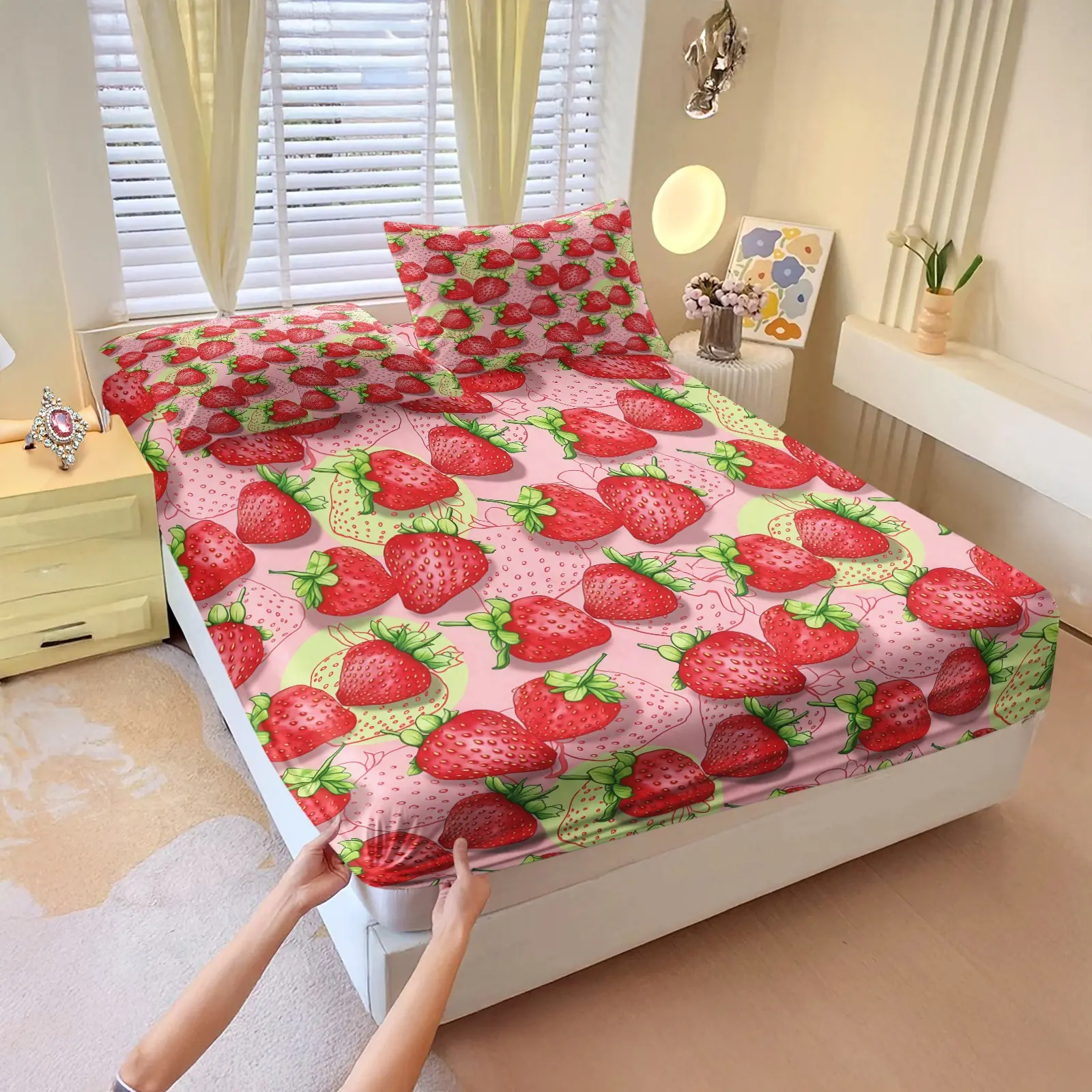 3-piece strawberry patterned bed sheet set, including 1 bed sheet and 2 pillowcases (excluding pillow core), comfortable bedding, non slip suitable for bedrooms, suitable for children and teenagers as gifts and decorations, Bedsheets, Bed Linens