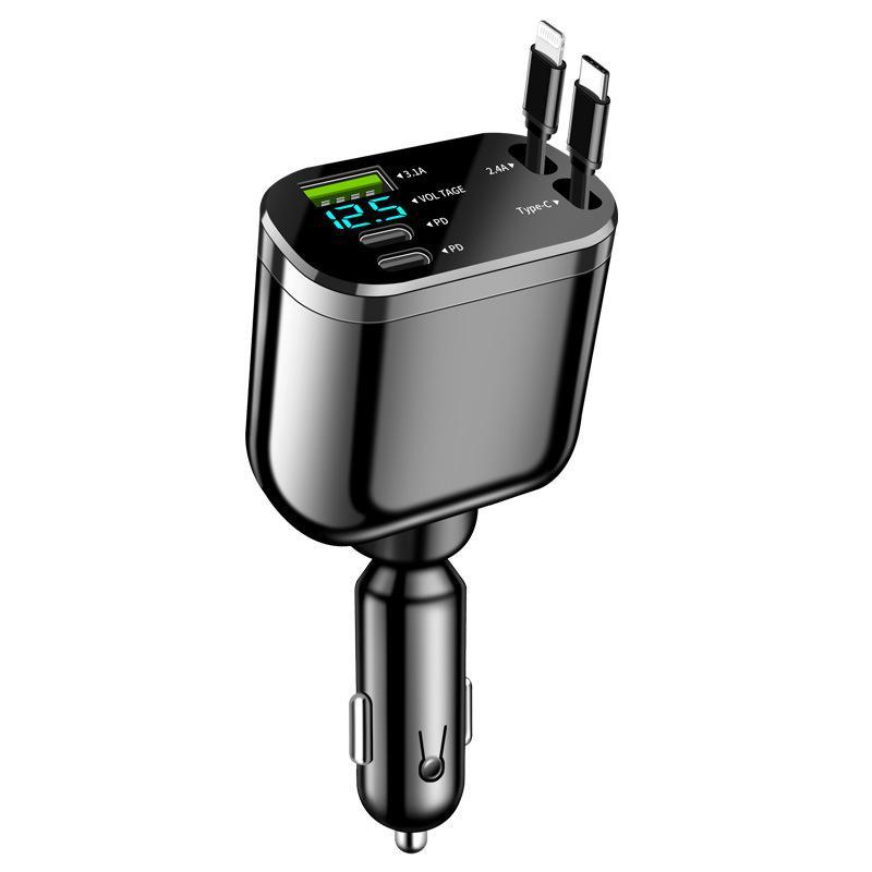 Compact Car Charger with Two Extendable Cables, Easy-to-Use Design for Apple and Android Phones, Multifunctional Portable Charging Solution