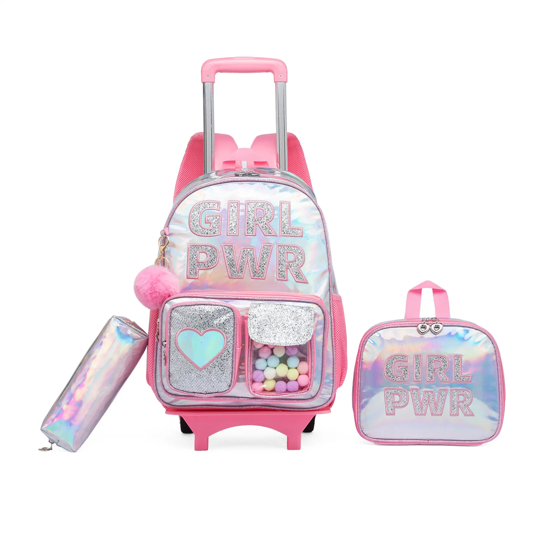 Kids Rolling Backpack Set Girls School Bag with Lunch Box Pencil Case Holographic Girl Power Trolley Bookbag