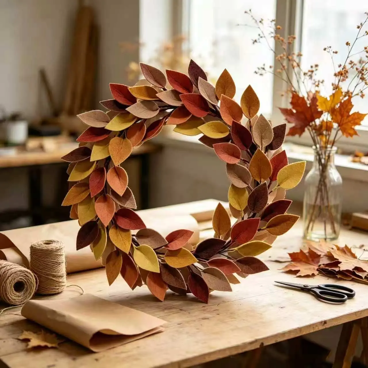 Neutral Tone Felt Leaf Artificial Wreath, Minimalist Autumn Door Hanging Decoration, Perfect for Thanksgiving Harvest Season