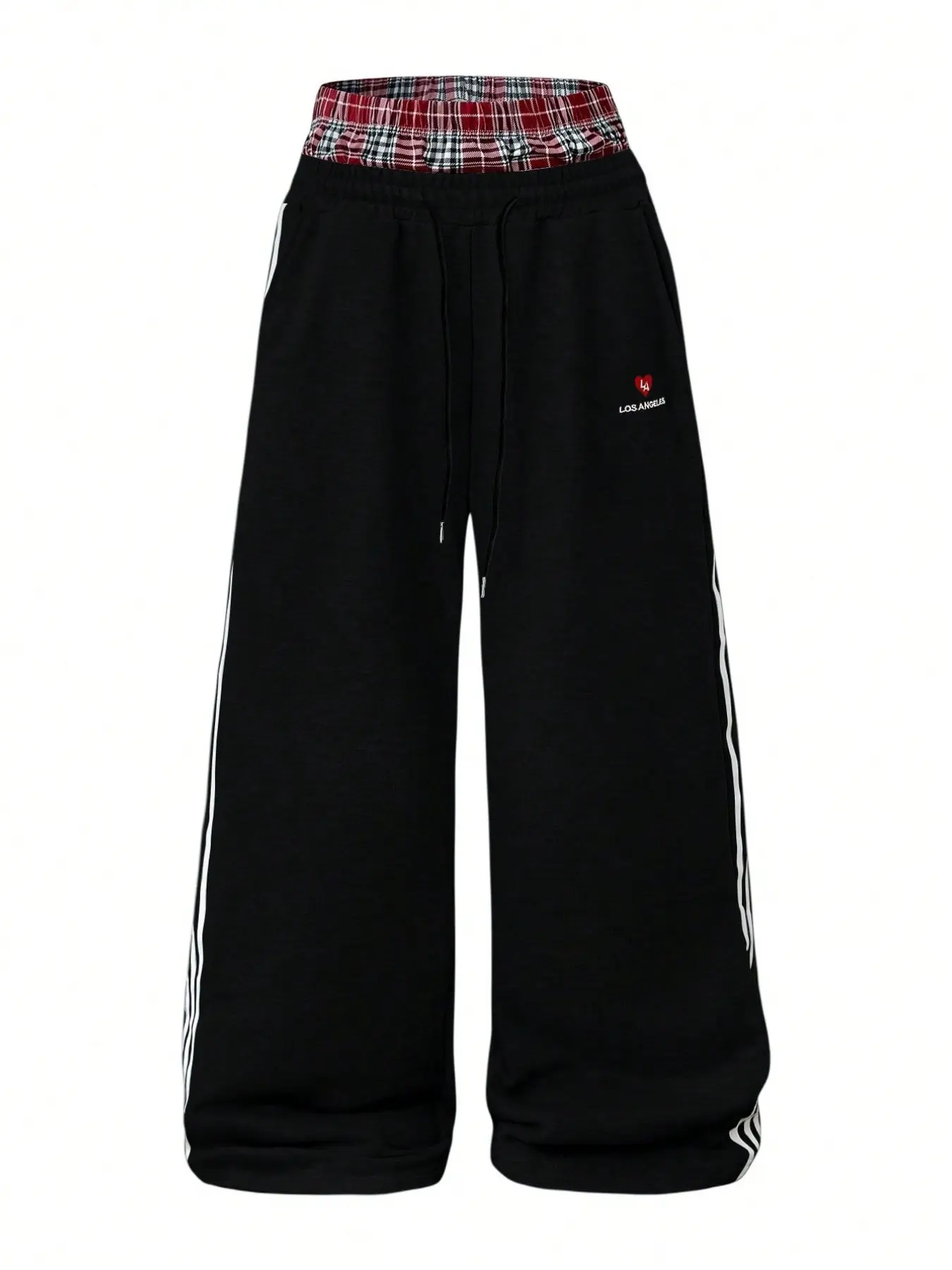 Men's Baggy High Waisted Sweatpants | Plaid Waistband Wide Leg Lounge Pants with Side Stripes | Casual Streetwear Athleisure Joggers for Daily Wear