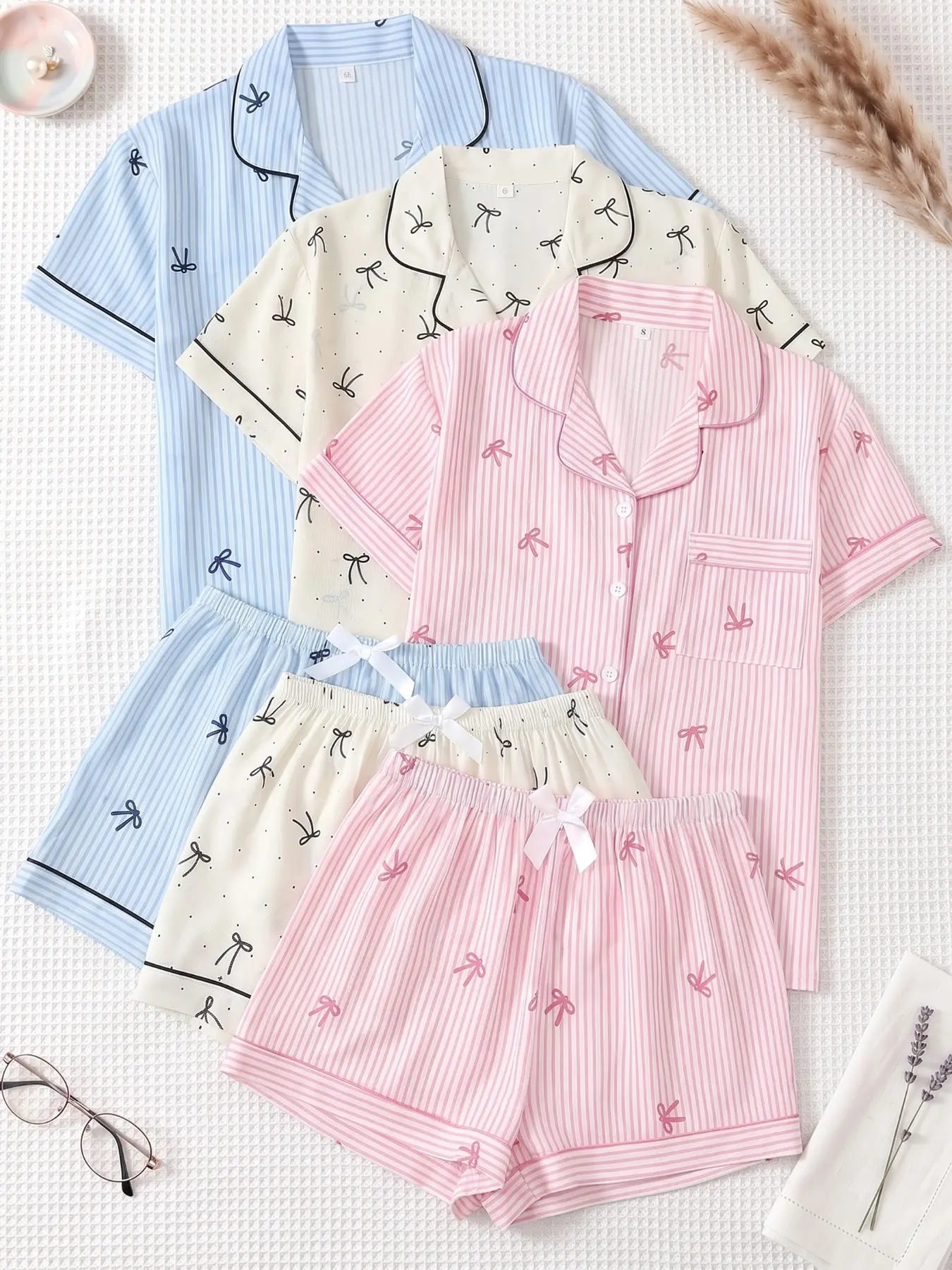 Women's 3-Piece Pajama Set, Short Sleeve Top & Shorts, All-Seasons Casual Sleepwear, Striped Bow Print, Essential Home Wear