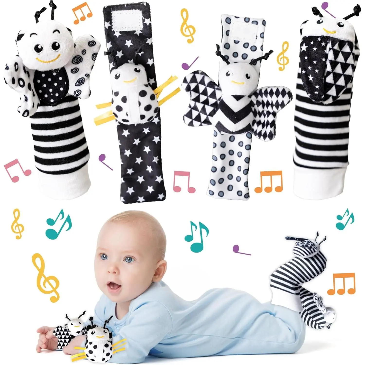 Infant Toys 0-6 Months, Newborn Baby Toys Rattle Socks |   4PCS Wrist Rattles Foot Finders Sock Set - Newborn/Babies Essentials Must Haves for 0-6-12 Months Gifts-