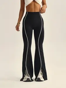 Women's High-Waisted Split Hem Flare Leg Pants, Colorblock Striped Waist Cinching Butt Lifting Slimming Pants, Ideal for Daily Sports