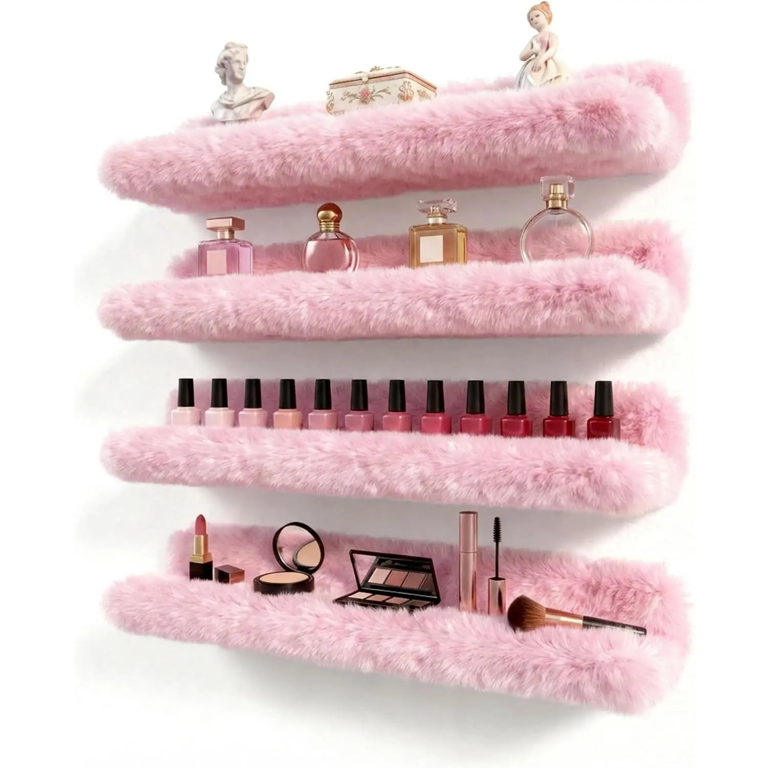 15 Inch Nail Polish Shelves, 4-Pack Fuzzy Display Nail Polish Rack for Storing Nail Bottles, Sunglasses, Essential Oils, Plush Soft Pink