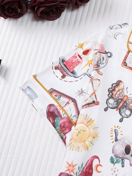 2 pieces of women's Halloween witch hat skull crystal ball butterfly print short sleeved shorts comfortable lapel pajama set knitted top pocket elastic waistband suitable for all seasons casual classic home wear