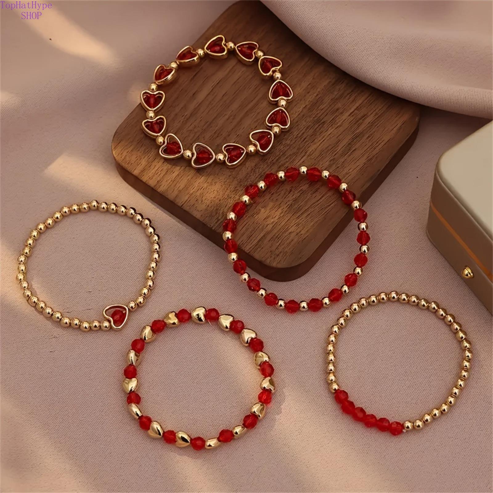5Pcs Red Beaded Heart Charm Bracelet Set Multi-Layer Stackable Stretch Bracelets Trendy Y2K Aesthetic Fashion Jewelry for Women Versatile Stacking Design Perfect for Valentine's Day Daily Party Dating Casual Outfits