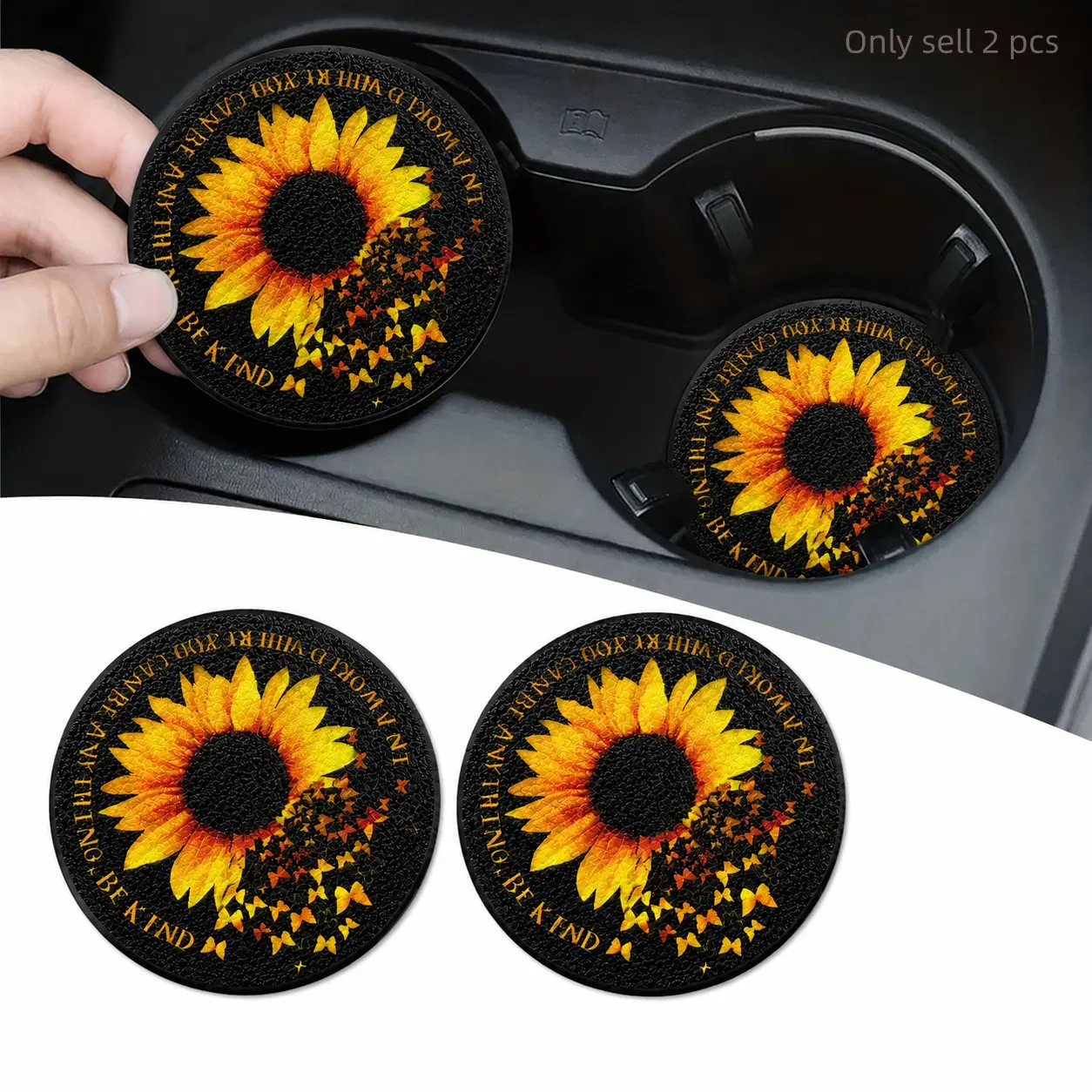 2 Pack Sunflower Pattern Car Coasters, Round Anti-Slip Car Cup Holder Mats, PVC Drink Holder Insert Pads, Fashion Car Interior Accessories for Women, Girls, Cars, SUVs, Trucks