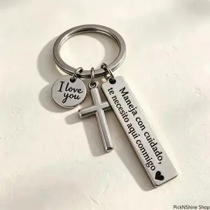 Maneja Con Cuidado Te Necesito Aquí Conmigo Keychain with Cross & "I Love You" Charm, Spanish Drive Safe Stainless Steel Keyring, Romantic Religious Gift for Him/Her