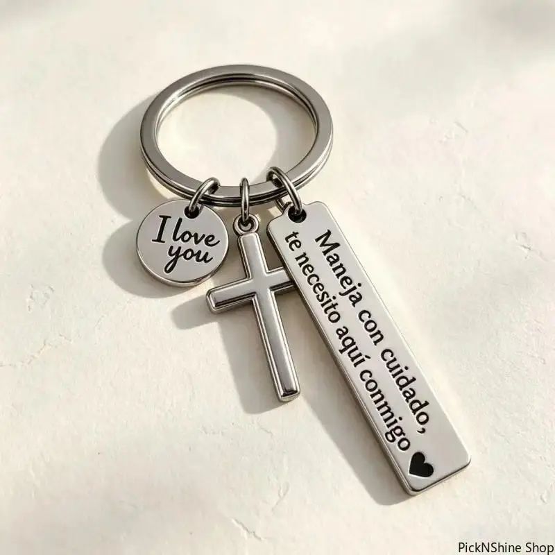 Stainless Steel Keychain with "Maneja Con Cuidado" Graphic Quote, Cross & "I Love You" Charms - Unisex Romance Gift Idea, Plain, Chain Accessory Keychains, Charm Set, Cross Decorative Keychains, Religious Symbol