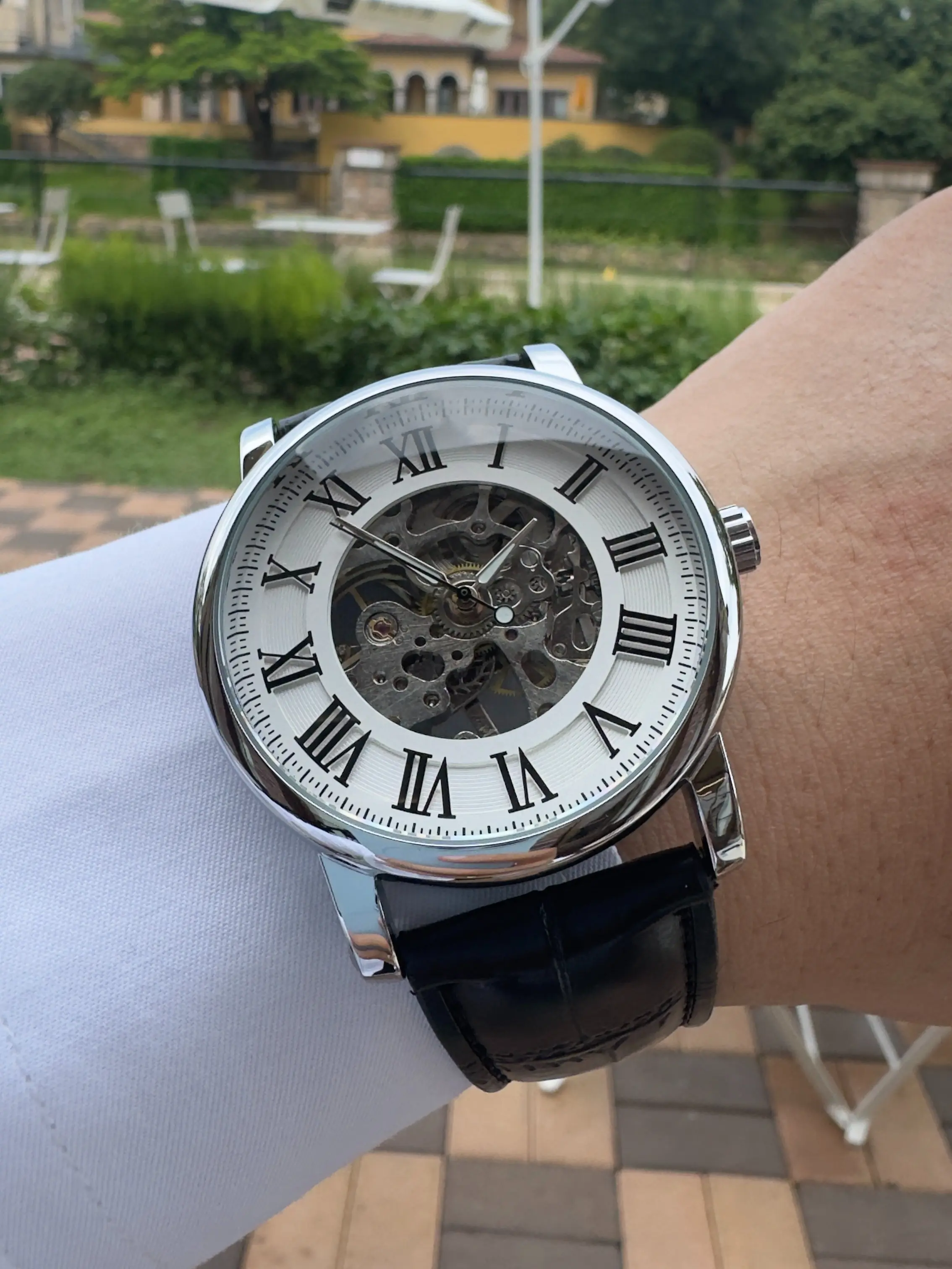 1pc Elegant Business Mens Watches Luminous Hands Classic White Skeleton Hand Winding Mechanical Watch Leather Strap Fashion Luxury Casual Wristwatches