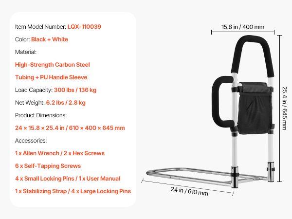 Bed Rail for Elderly, Bedside Assist Rails with Side Handle and PU Handrail, Adjustable Height Carbon Steel Pipe Bedside Cane, Bed Bars for Seniors & Patients, Fits King, Queen, Full, Twin