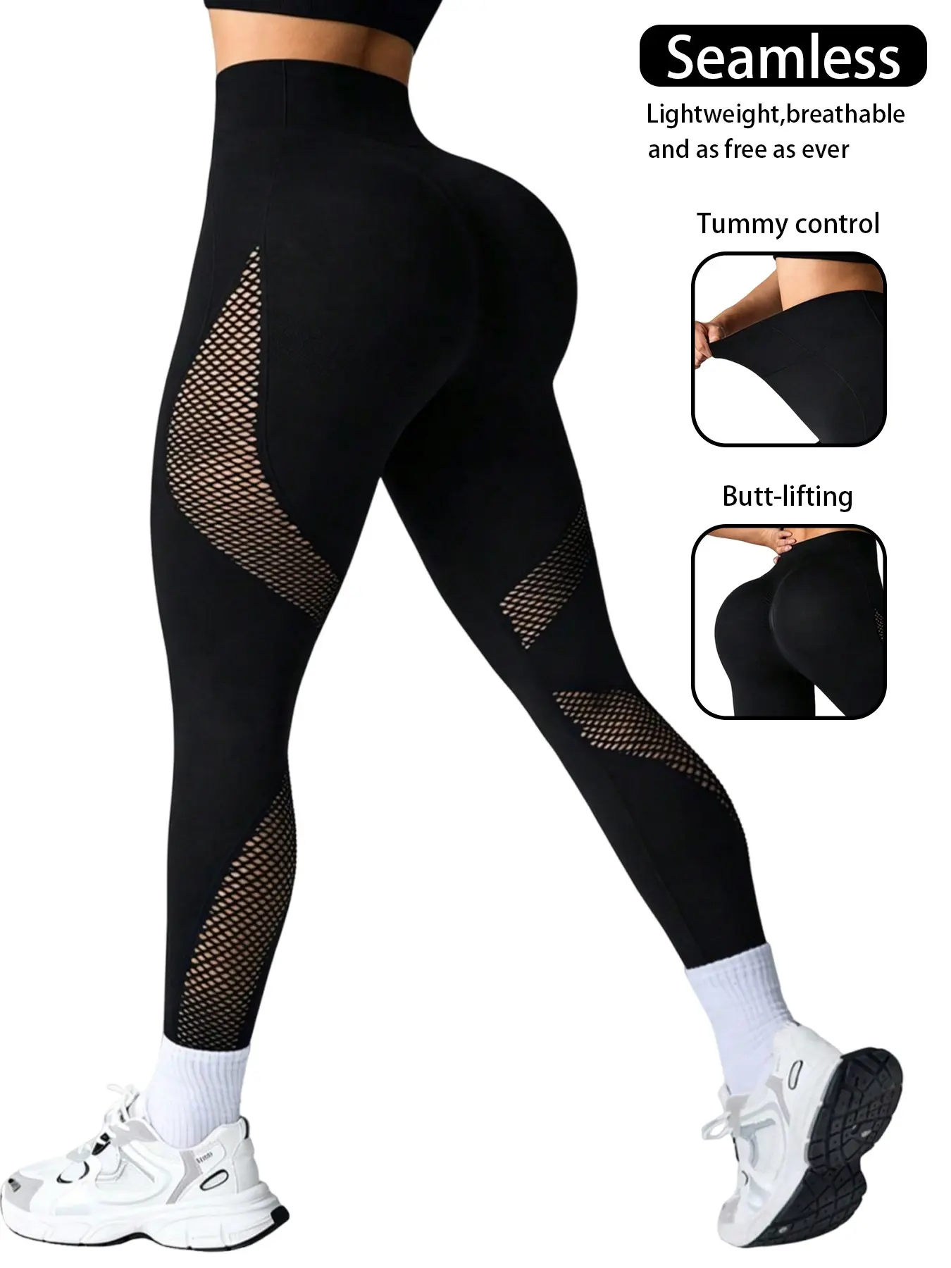 Women's High-Waisted Mesh Patchwork Peach Butt Lifting Fitness Pants, Hollow Out Tight Yoga Sports Long Pants, High Elastic Breathable Pilates Running Casual Pants, Contour Skinny Legging, Knitted Sports Pants