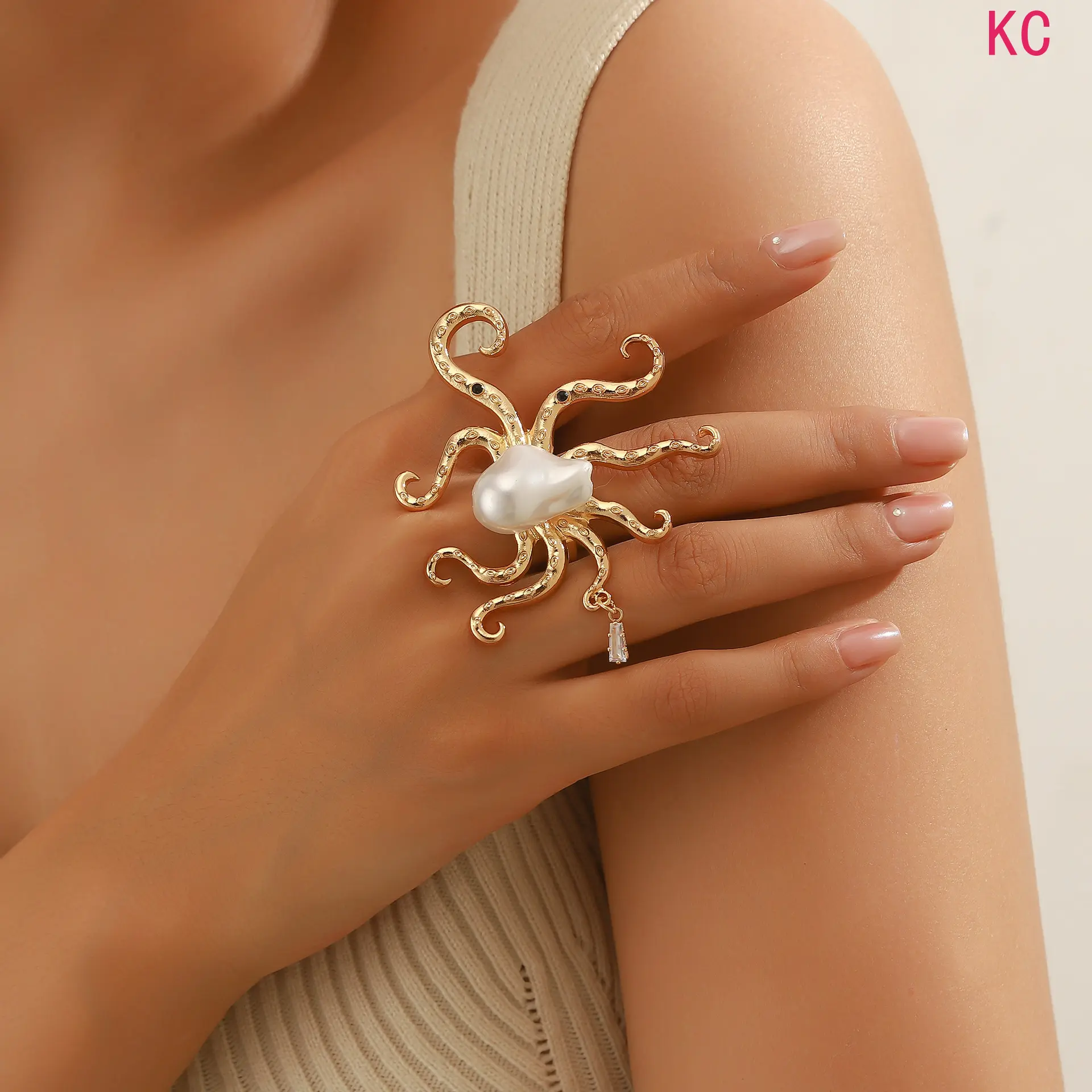 Adjustable Open Octopus Ring Inlaid Human Shaped Pearls, Eye-Catching Hip Hop Finger Jewelry For Daily Fashion Matching