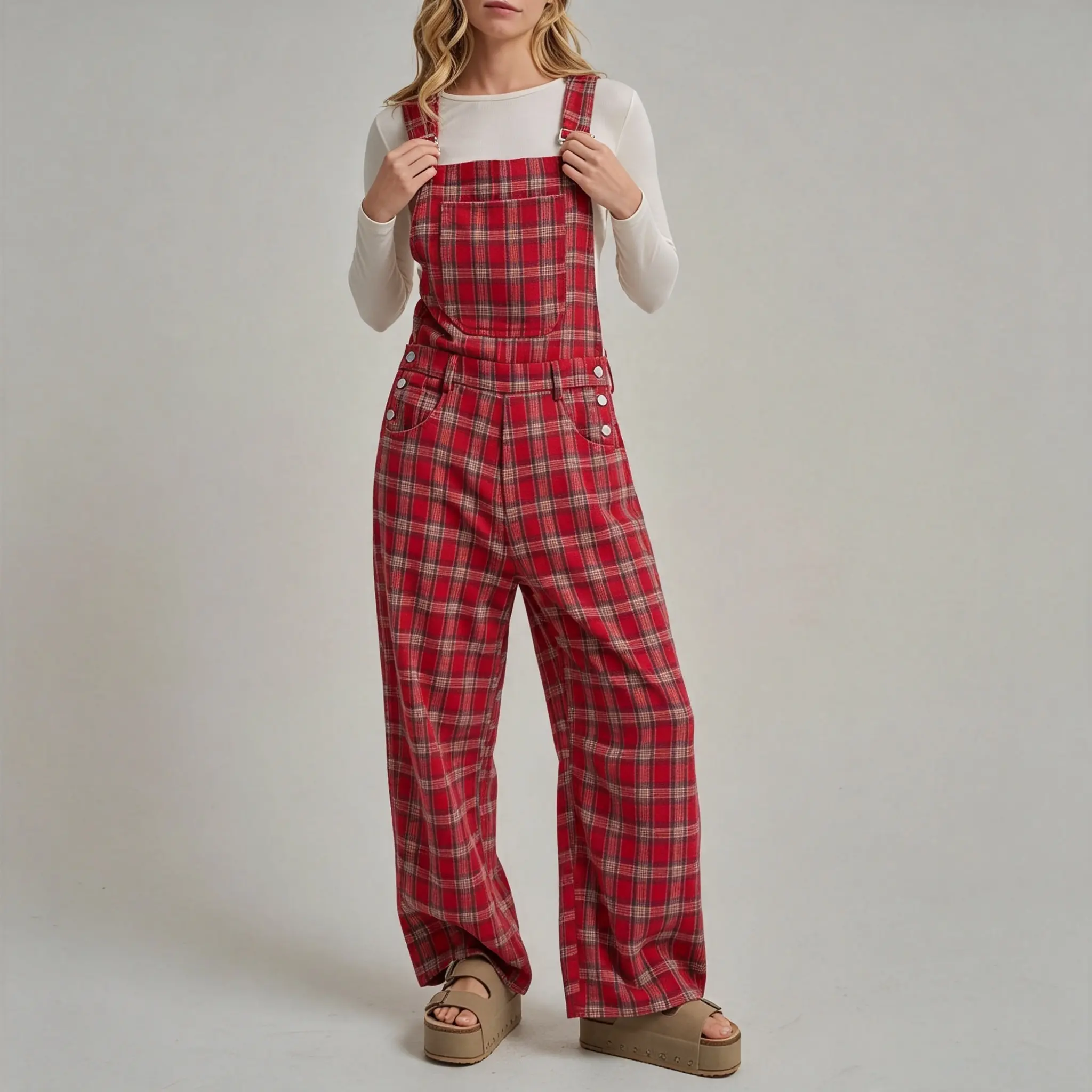 Women Vintage Red Plaid Wide Leg Overalls Loose Fit Casual Flannel Bib Jumpsuits Adjustable Strap Baggy Long Pants with Pockets for Daily Streetwear Holiday