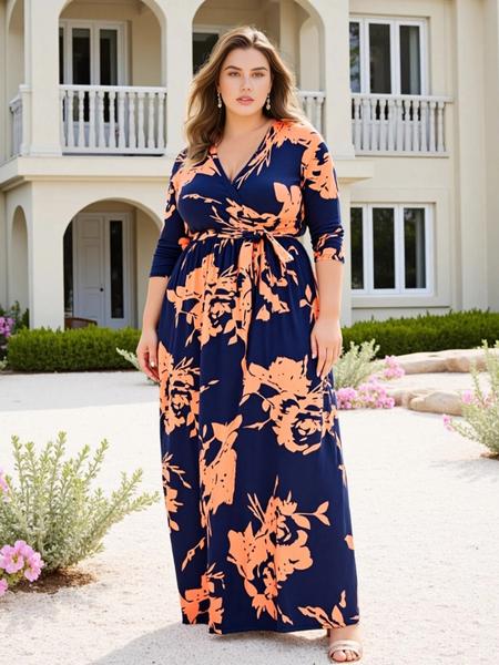 Women's V Neck Stretchy Casual Long Plus Size Dress, Perfect for Bridesmaids, Vintage Style Wedding & Party Wear, Comfortable All-Day Fabric