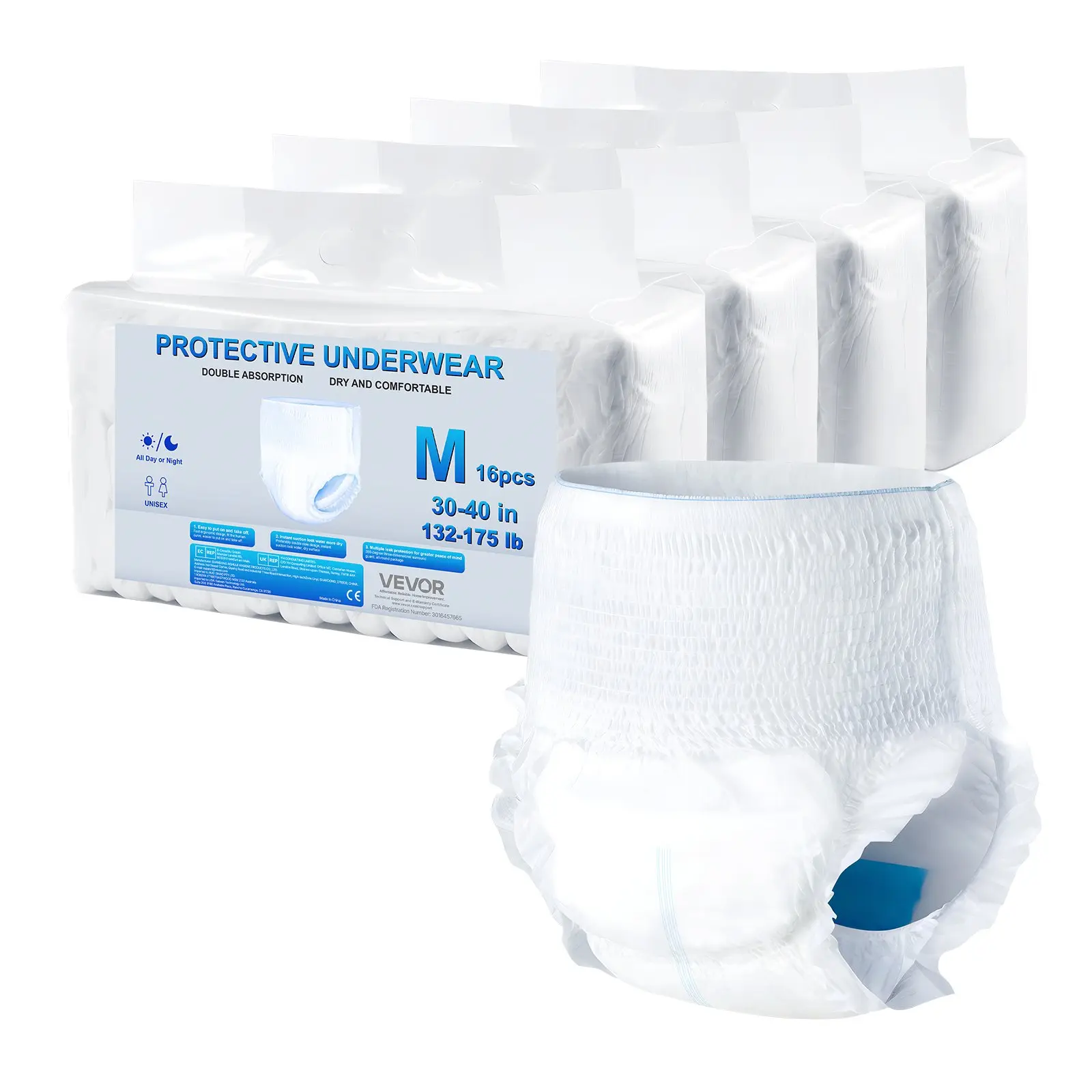 VEVOR Pull-Up Wear, High-Absorbent Incontinence Underwear for Men Women, Disposable Adult Diapers with Leakproof Cuff, Wetness Indicator - M Size, 64 Pieces (4 Pack of 16)