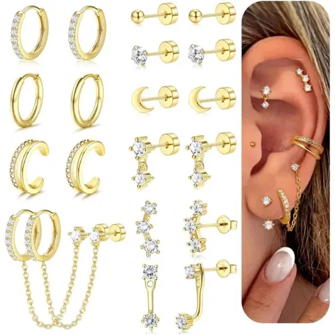 10 Pairs/15 Pairs Small 14K Gold Plated Earrings for Women Hypoallergenic 20G Stainless Steel Flat Back Stud Earrings Dainty Stackable Earring Piercing Jewelry Earrings Studs
