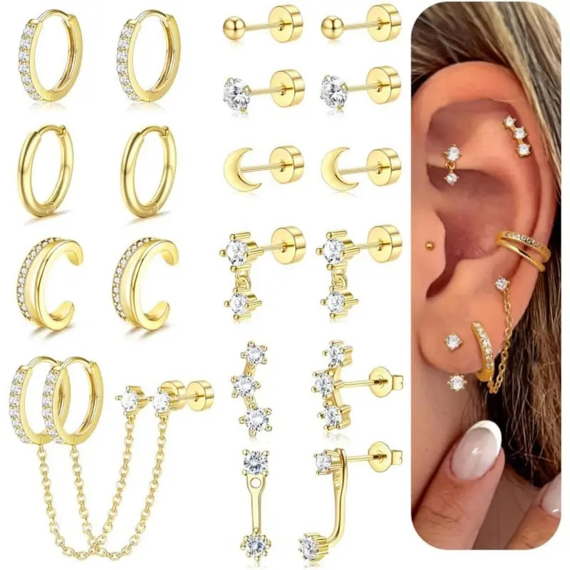 10 Pairs/15 Pairs Small 14K Gold Plated Earrings for Women Hypoallergenic 20G Stainless Steel Flat Back Stud Earrings Dainty Stackable Earring Piercing Jewelry Earrings Studs