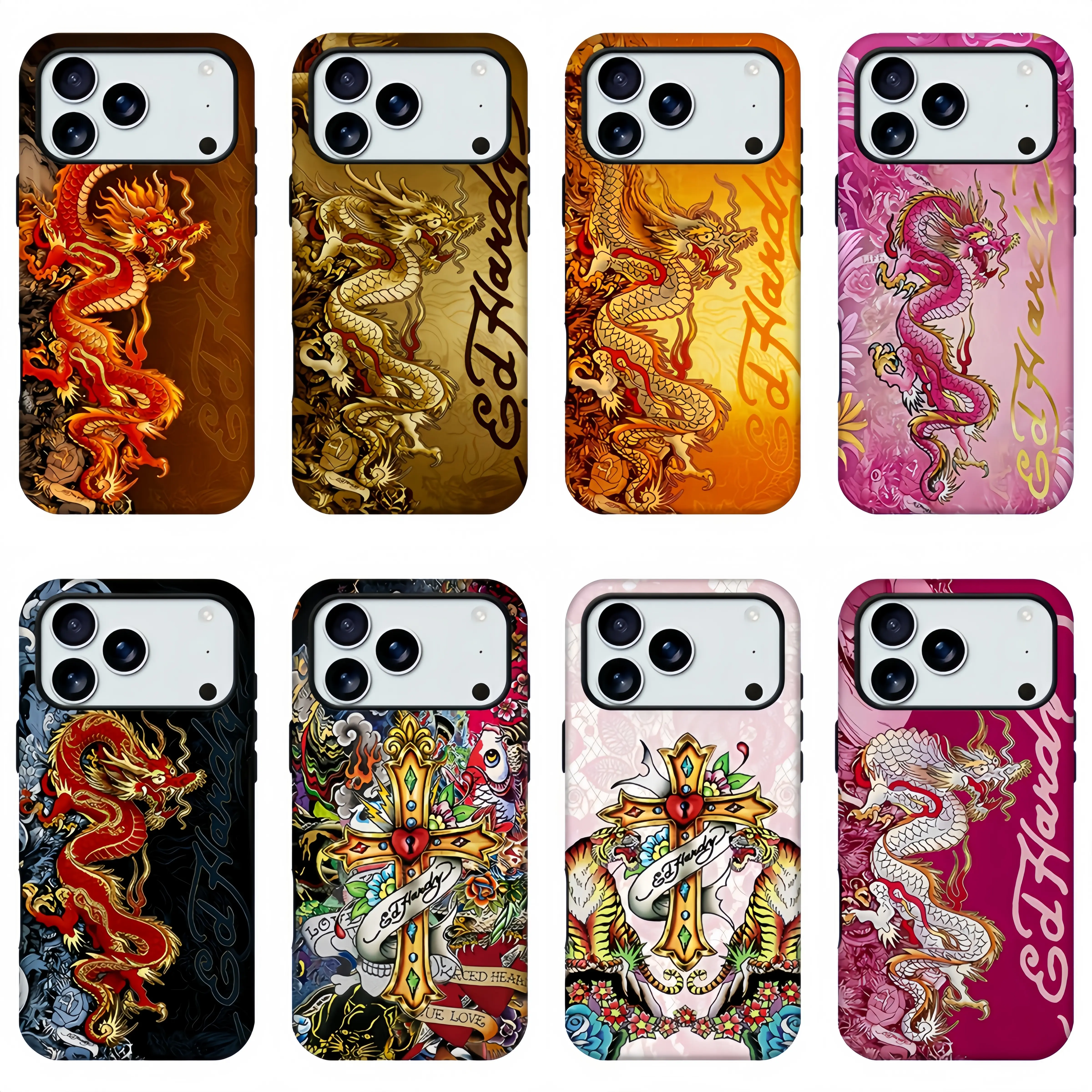 Y2K Ed Hardy Style Traditional Tattoo Graffiti Phone Case, Retro Fashion Fan Merch Phone Shell, Colorful Dragon Cross Vintage Trendy Aesthetic Print Shockproof Protective Cover For iPhone11 12 13 14 15 16 17 pro max and Samsung S24-S26 series,Perfect gift
