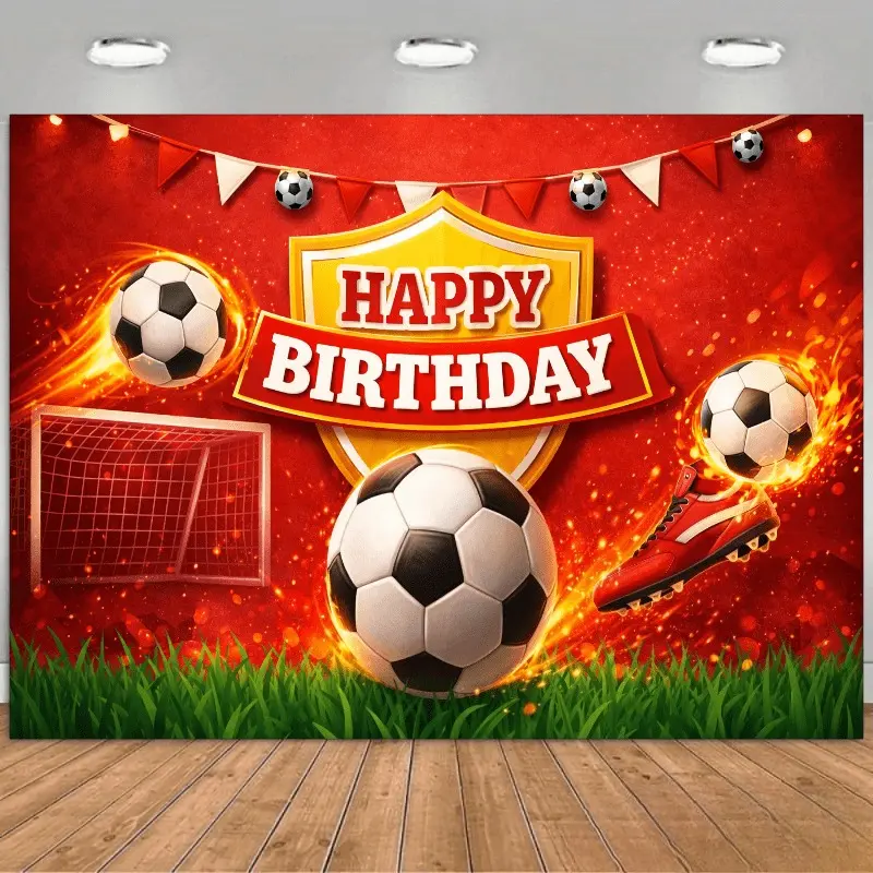 Soccer Birthday Party Backdrop Banner, Lightweight Premium Polyester Rectangular Photography Background with Playful Print, Sports Theme Home Decor Tapestry, Photo Booth Prop for Indoor-Outdoor Use, Playful Vibe