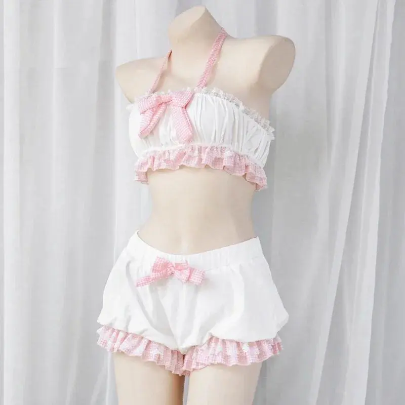 Women's Tencel Fabric Bikini Sets - Kawaii Bows, Japanese Anime-Inspired, Maid Theme Cosplay Wear with Pink Maid Uniform Design & Bloomers Swimwear Outfit