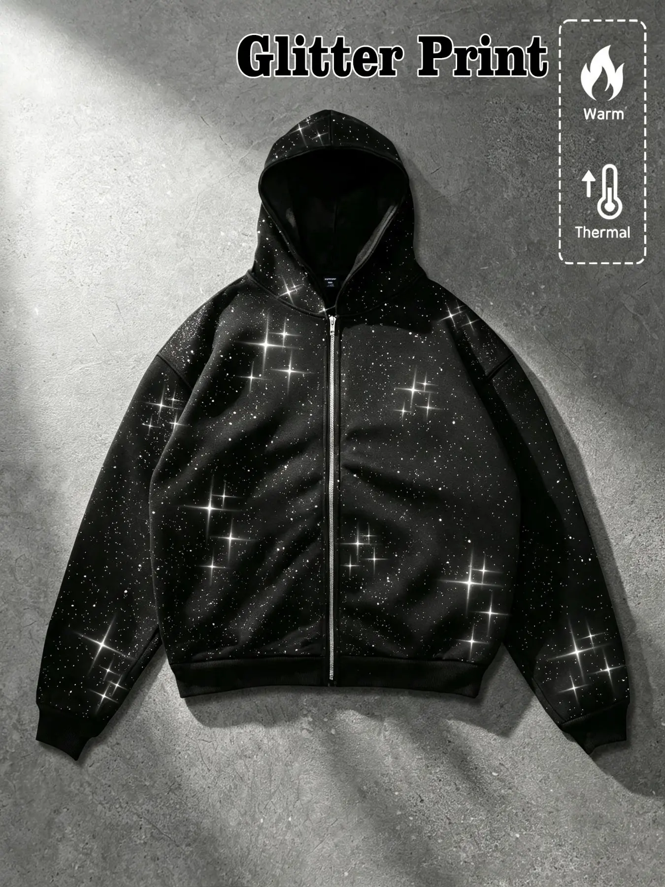 Silver Color Star Print Thickened Zipper Hoodie, Stylish Winter Sweatshirt for Men & Women, Warm and Cozy Pullover Clothing