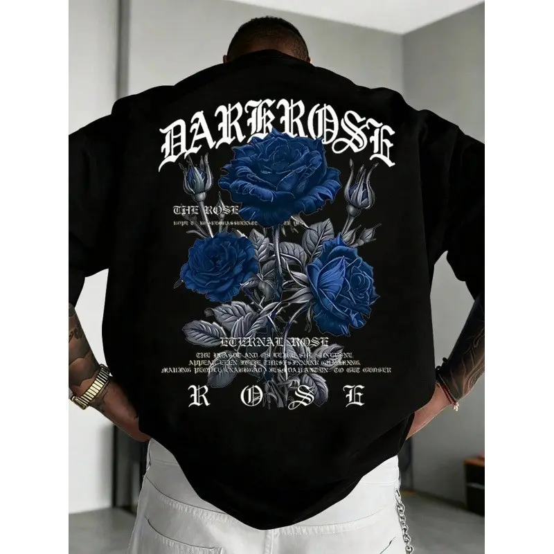 Men's Hoodie, Rose Graphic Print Casual Hooded Sweatshirt, Trendy Streetwear for Men, Sweatshirt SetsGift.