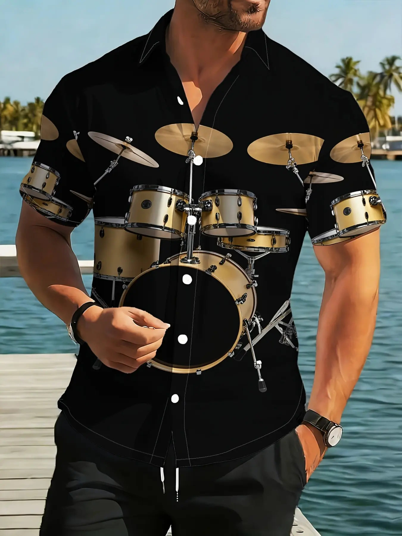 Men's Cool Drum Print Button Shirt, Rock Instrument Elements Hawaiian Style Top, Music Festival Party Essential Short Sleeve Blouse