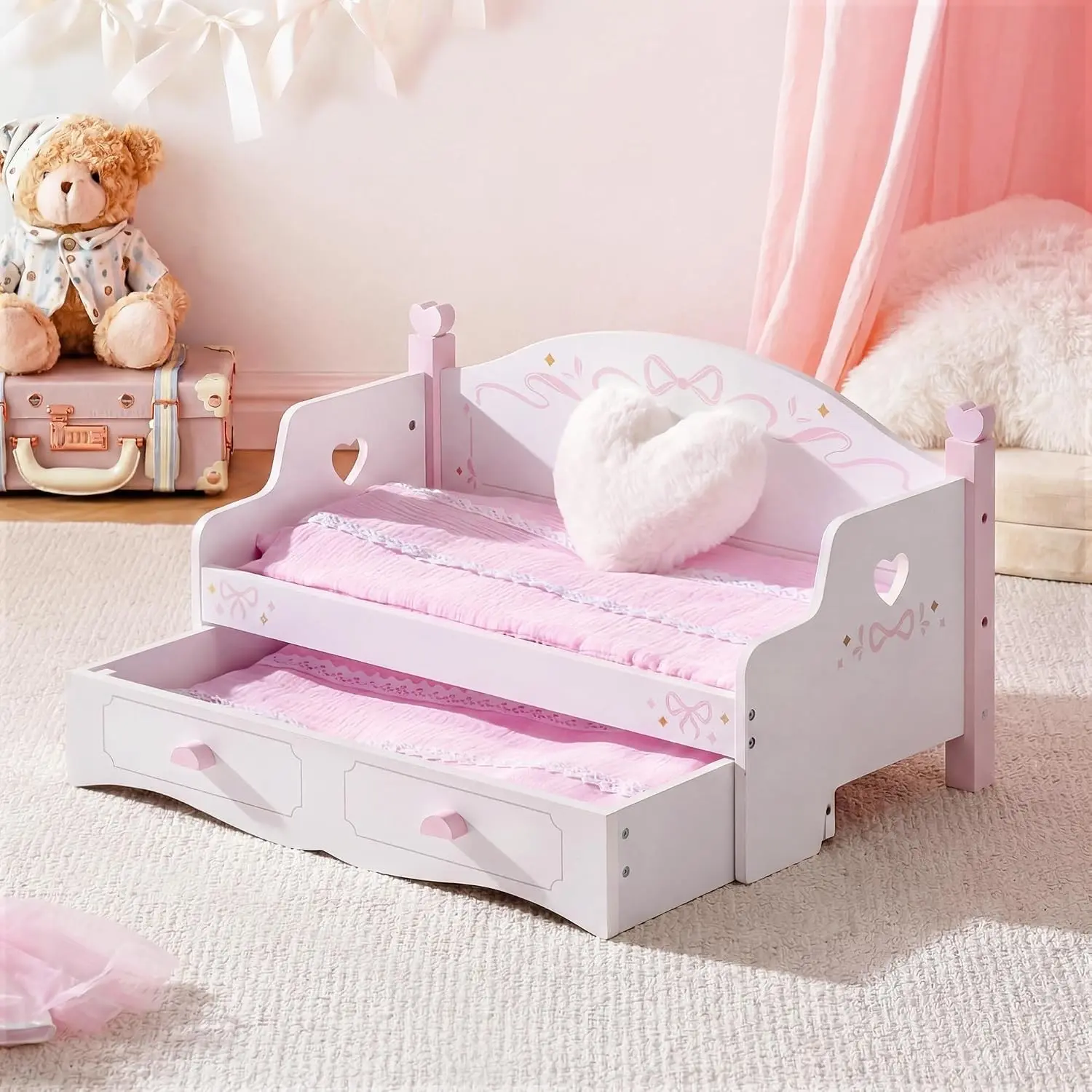 Wooden All-in-One Baby Doll Bunk Bed Sofa with Mattress, Quilts & Pillows, 18 Inch Doll Furniture with Realistic Details for Pretend Play, Fits Dolls Up to 20 in, Pink for Kids 3+