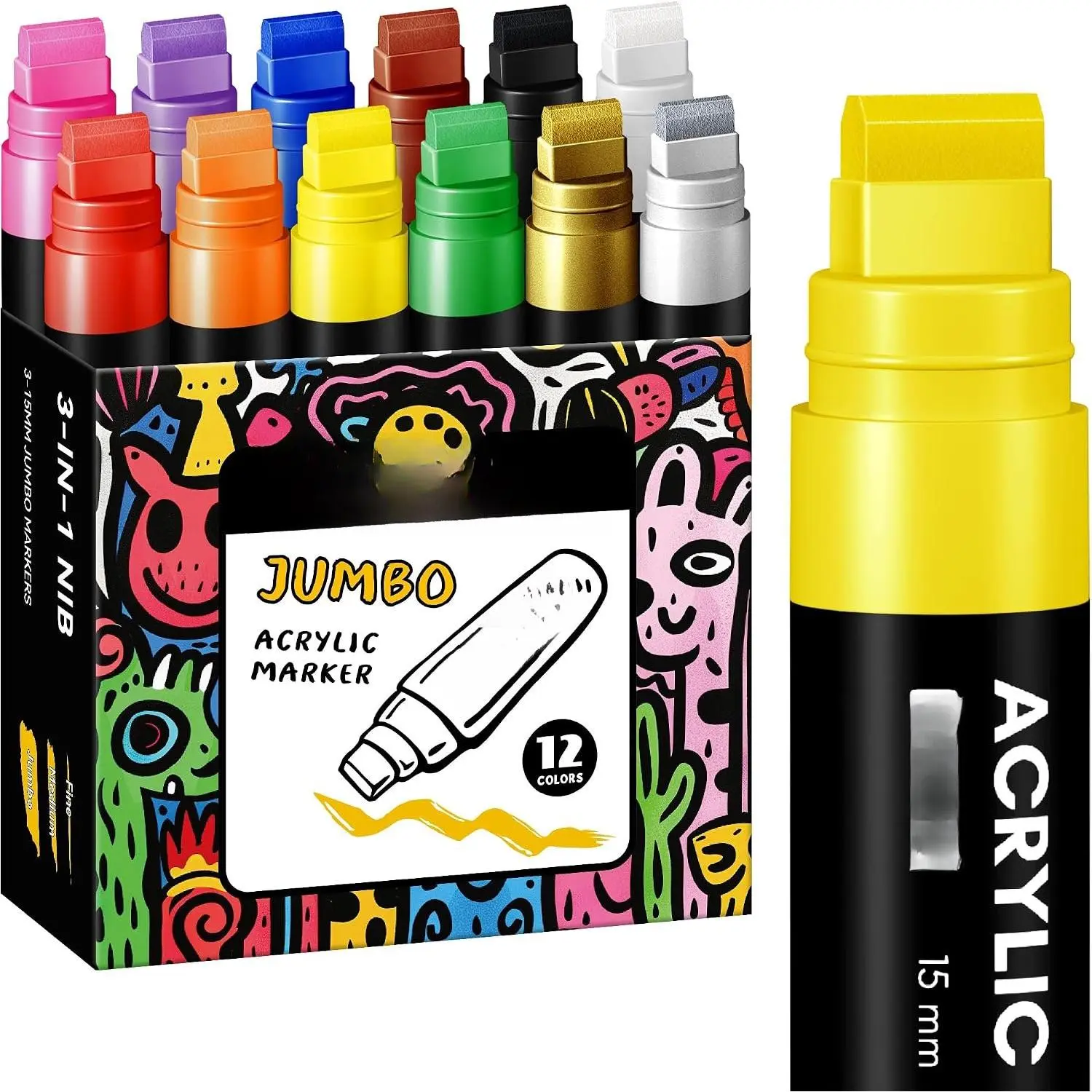 12 Colors  Markers, 15mm  Felt Tip,   Markers for Rock Painting, Poster, Stone, Ceramic, Glass, , Canvas