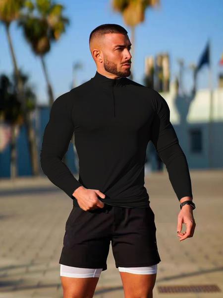 Trendy Beige Half - Zip Gym Shirt, Men’s Long - Sleeve, Breathable Material, Suitable for CrossFit, HIIT & Casual Athleisure, Gym Top