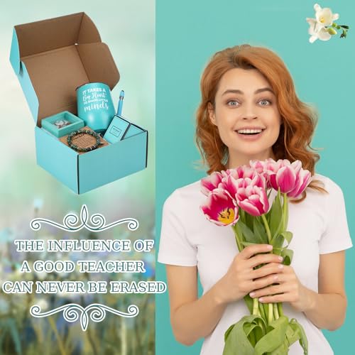 Teacher Appreciation Gifts for Women Teacher Gifts Box with Steel Cup Coffee Mug Candle Socks Pen Holder Metal Bookmark Thank You Gift Basket for Teachers Birthday Graduation Party Back to School