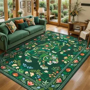 Forest Theme Living Room Rug, Deep Floral Tiger Design, Non-Slip Washable Carpet, Soft Comfortable, Bohemian Style, Ideal for Home Decor